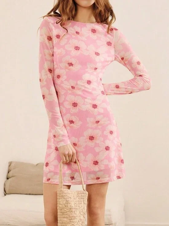 Pink Elegant Women's Long Sleeve Floral Mini Dress - Picture 3 of 6